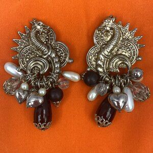 Handmade Vintage Dragon Clip On Earrings with Dangling Beads